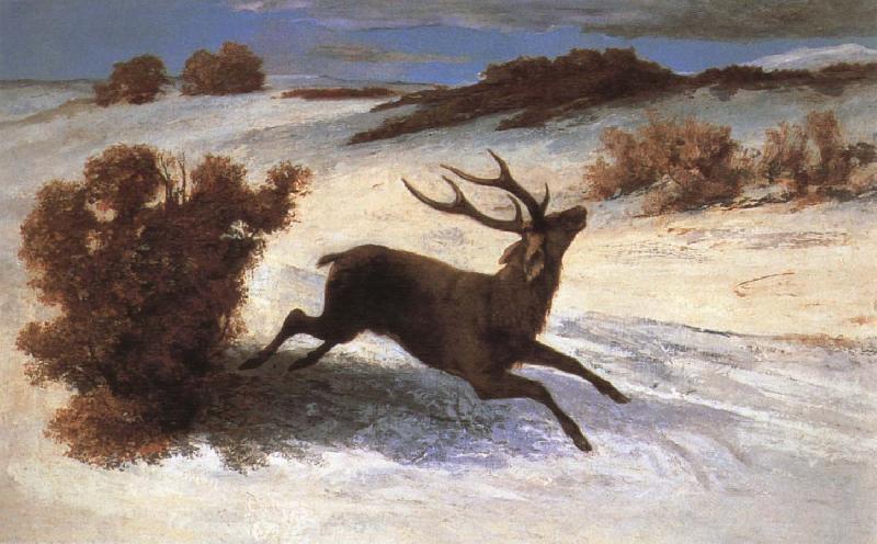  The deer running in the snow